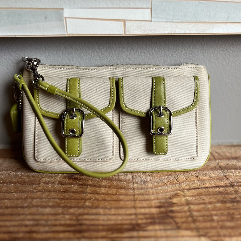 Coach Cream and Green Clutch with Decorative Buckles
